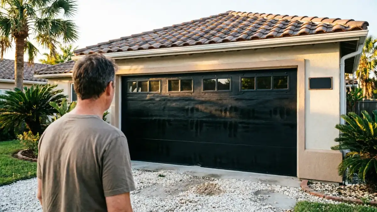 A man stands facing a black garage door with windows on a stucco house.