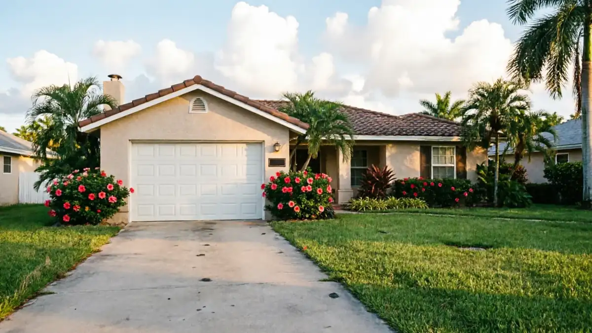 The house has a white garage door, a tiled roof, and palm trees in the yard.