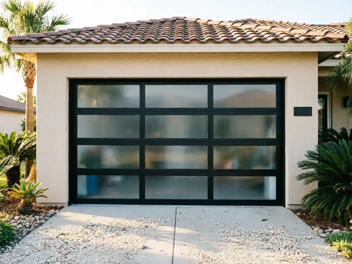 A modern black garage door with frosted glass panels on a beige house.