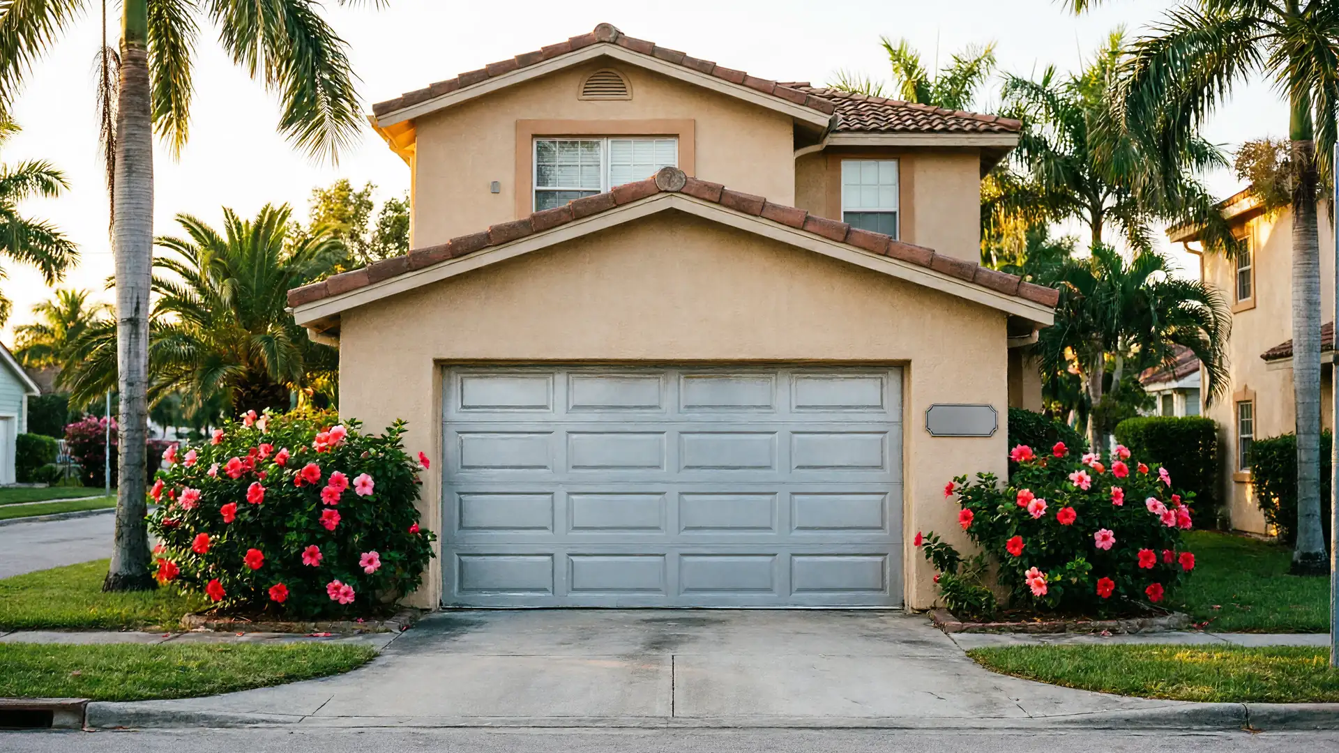 The house has a light gray garage door with rectangular panels and red flowers in front.