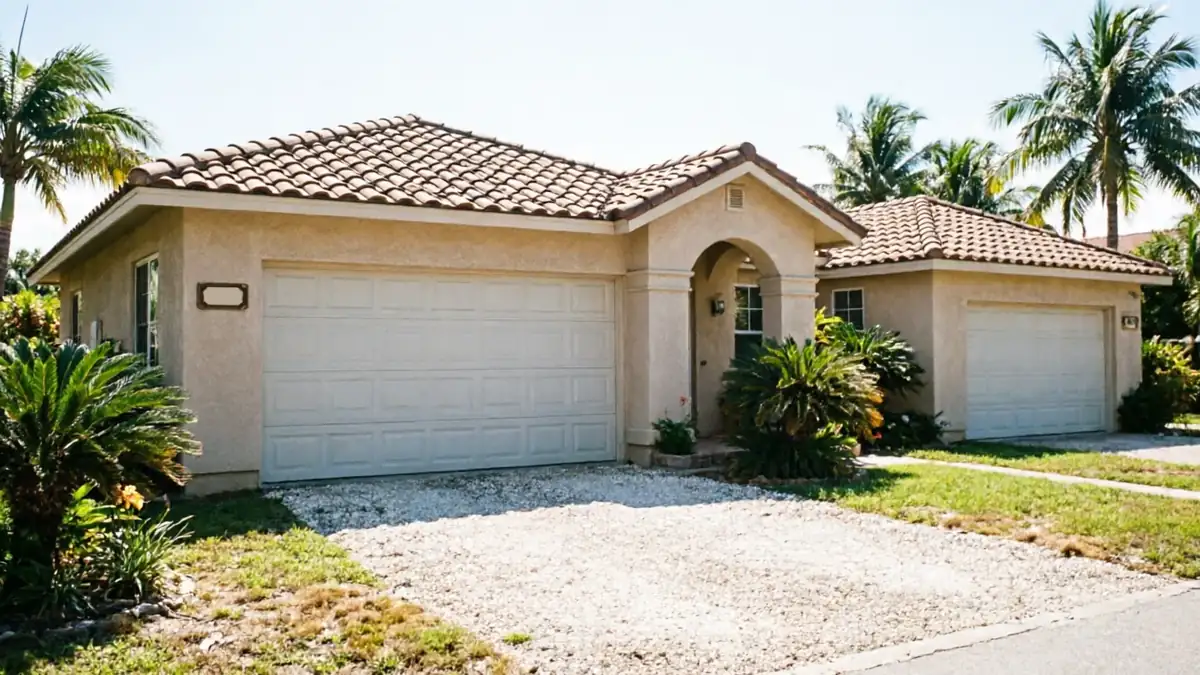 A house with two white garage doors, a gravel driveway, and palm trees.