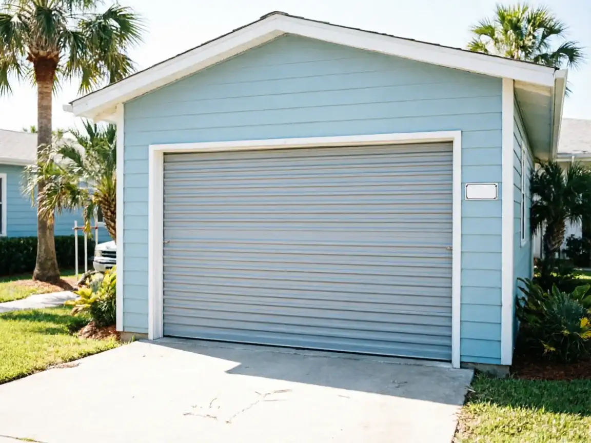 A light blue garage with a closed gray roll-up garage door.