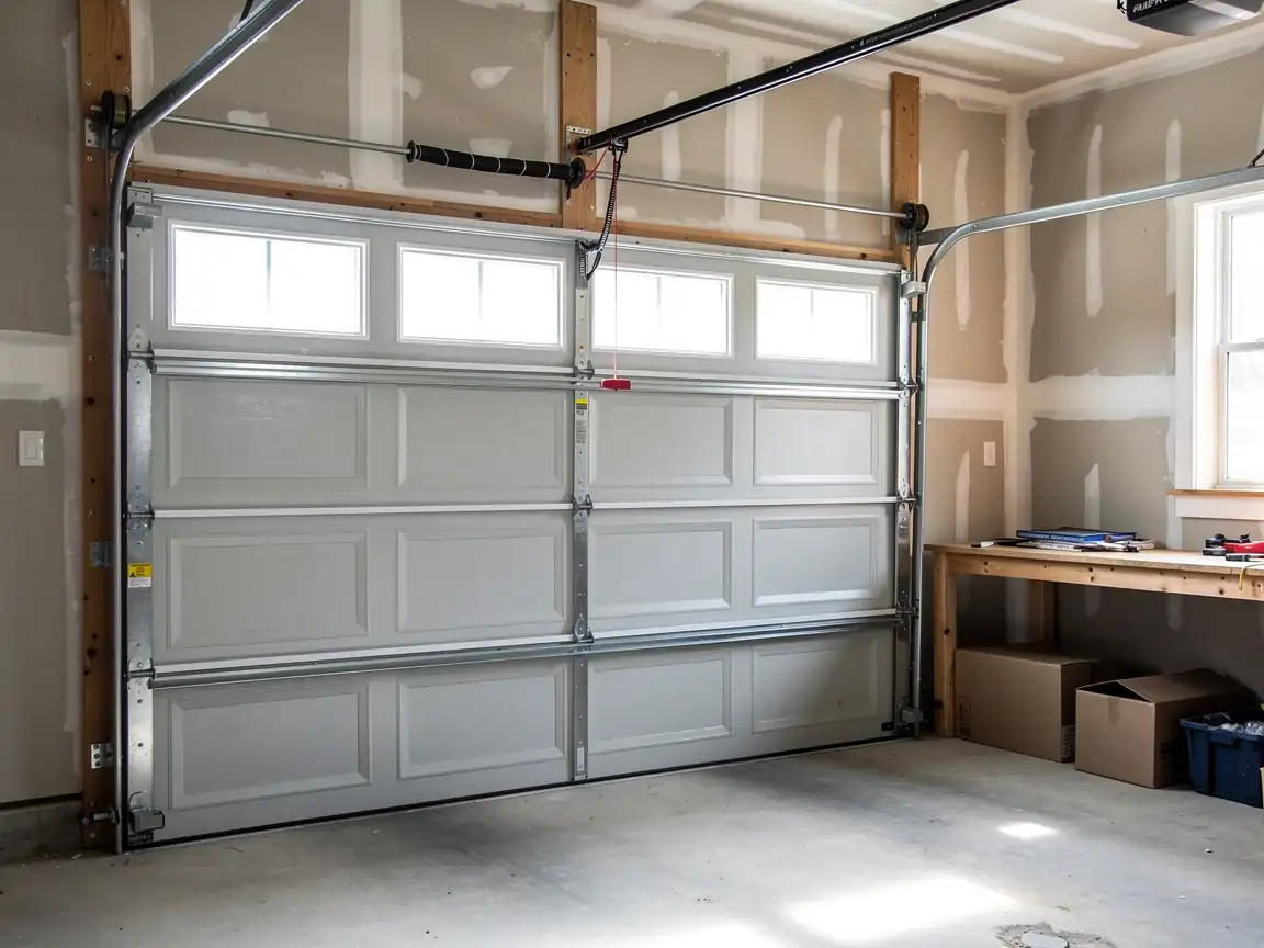 A light gray garage door with windows is partially open in a garage.