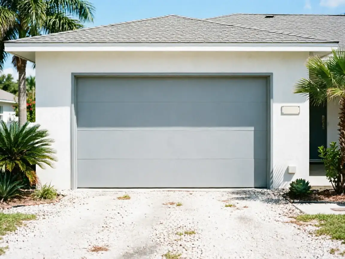 A light gray garage door is on a white house with a gravel driveway.