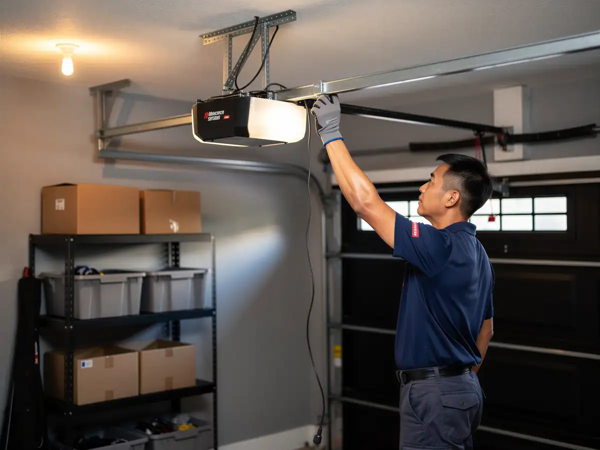 A technician in a blue shirt is adjusting a garage door opener.