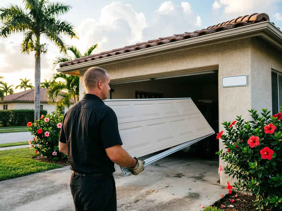 A technician carries a garage door panel toward an open garage.