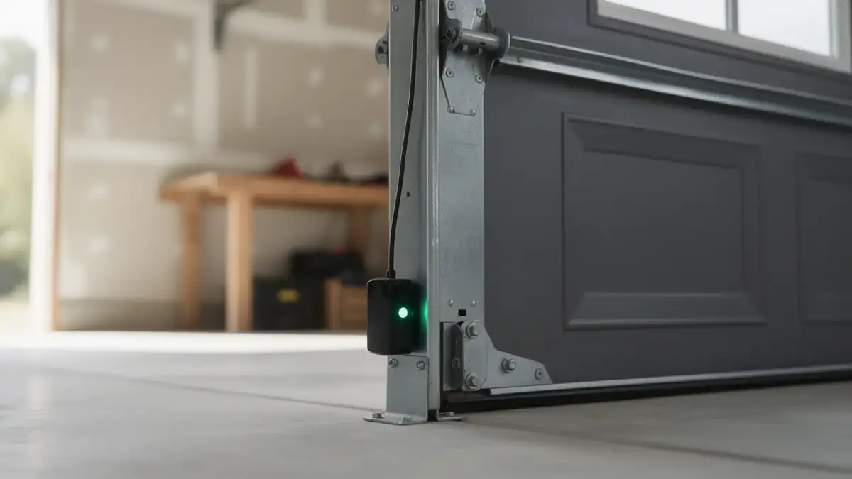 A black garage door safety sensor with a green light is mounted on a metal track.